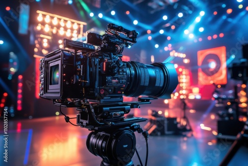 A close-up of a high-end video camera on a tripod in a brightly lit television studio