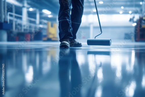 A close-up of a worker using a paint roller to apply a smooth glossy coating to a concrete floor