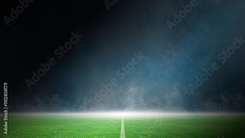 Green grass field sports stadium, Dark scene stage lights concert, spotlights and smoke floating up, night view for display soccer game of sport, competition, and entertainment