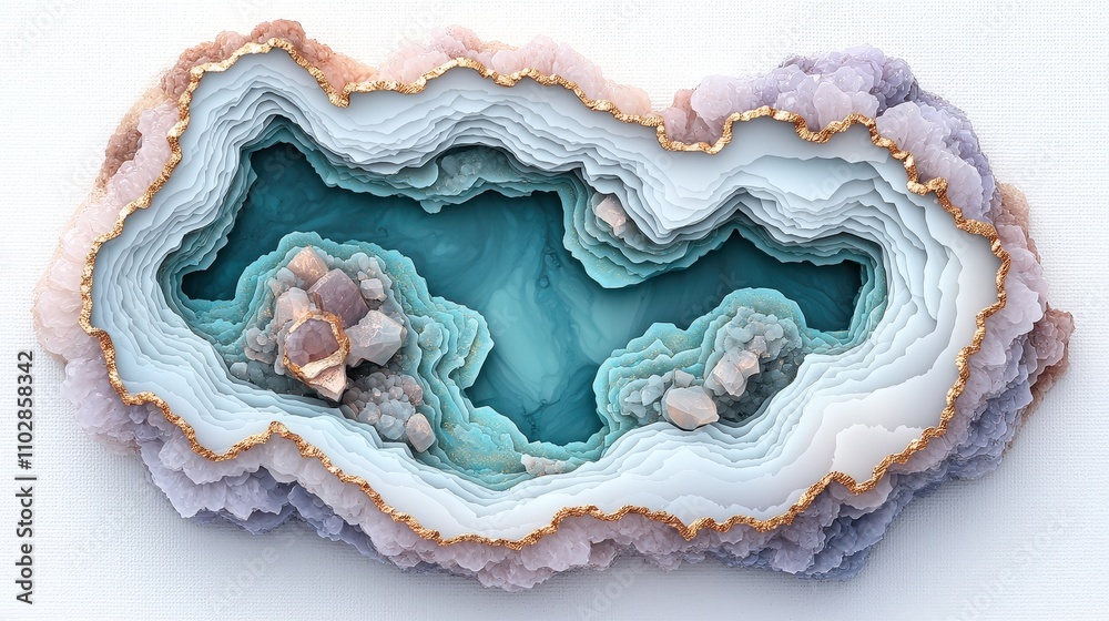 Abstract Geode Art  Teal  Gold    Purple Layered Crystal Cave Painting