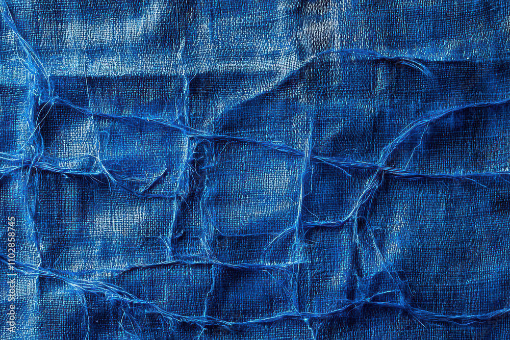 Naklejka premium Textured blue linen surface with intricate threads and patterns, creating visually striking and artistic appearance. deep blue color adds depth and richness to fabric