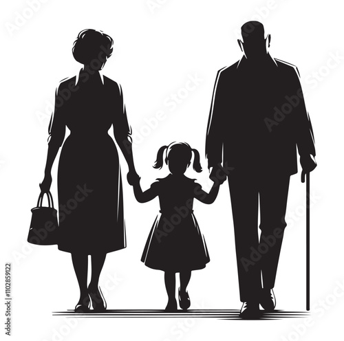 grandparents walking with granddaughter vector silhouette Illustration 