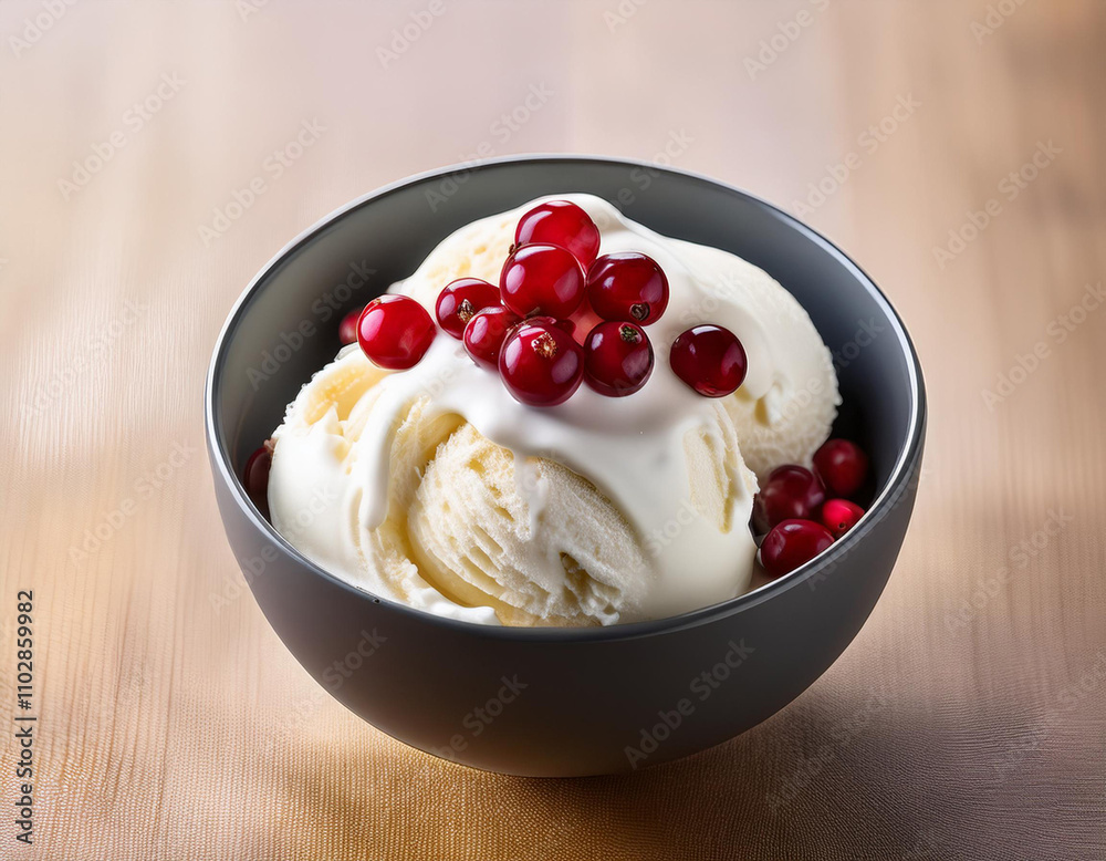 A bowl of vanilla ice cream topped with cranberry isolated on the table A bowl of vanilla ice cream topped with cranberry isolated on the table