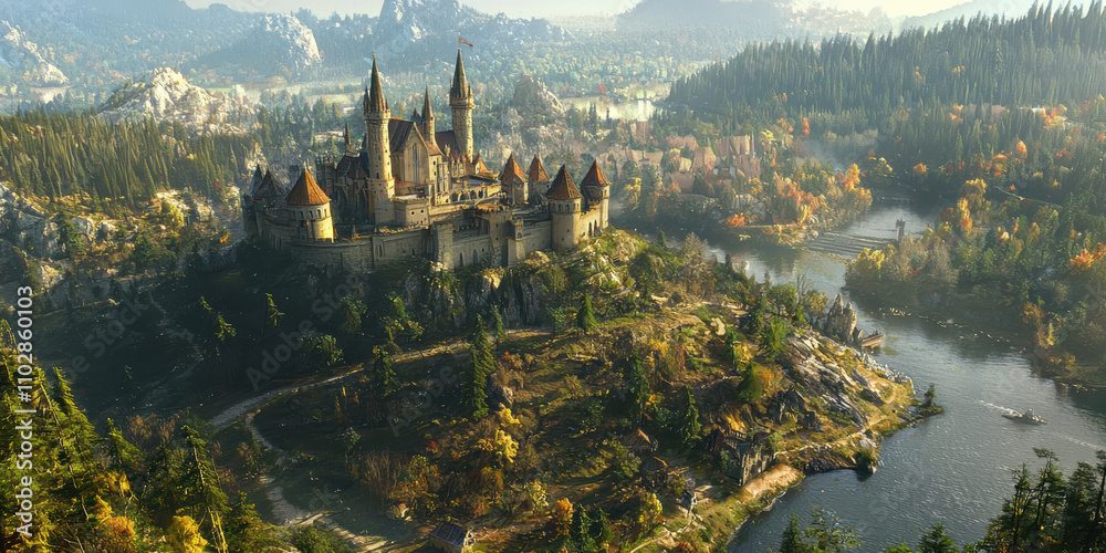 Fototapeta premium Aerial view of historic castle surrounded by lush greenery and river, showcasing stunning architecture and natural beauty. scene evokes sense of wonder and tranquility