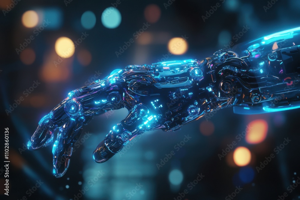 A futuristic robotic hand reaching forward, featuring intricate mechanical parts and glowing blue neon details A futuristic robotic hand reaching forward, featuring intricate mechanical parts and glowing blue neon details