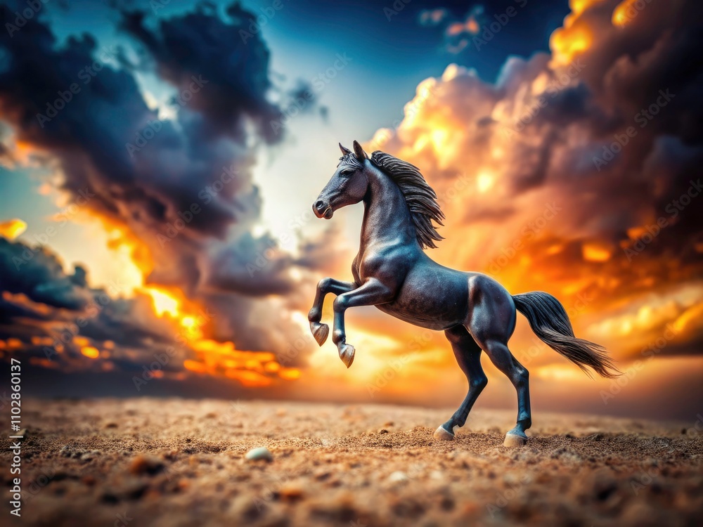 Dark Horse Toy Tilt-Shift Photography - Miniature Horse, Cloudy Sky, Rearing, Artistic Dark Horse Toy Tilt-Shift Photography - Miniature Horse, Cloudy Sky, Rearing, Artistic