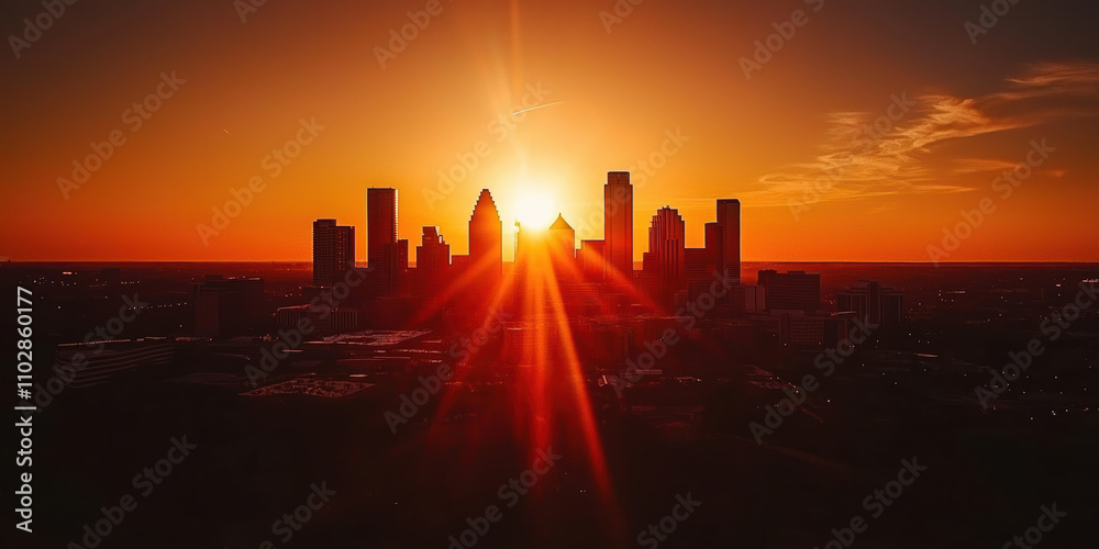 Aerial view of city skyline silhouetted against vibrant sunset, showcasing tall buildings and warm orange glow. scene evokes sense of tranquility and beauty Aerial view of city skyline silhouetted against vibrant sunset, showcasing tall buildings and warm orange glow. scene evokes sense of tranquility and beauty