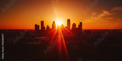 Aerial view of city skyline silhouetted against vibrant sunset, showcasing tall buildings and warm orange glow. scene evokes sense of tranquility and beauty