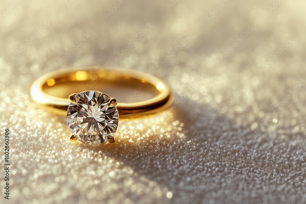 A gold engagement ring featuring a brilliant-cut diamond on a pristine white background A gold engagement ring featuring a brilliant-cut diamond on a pristine white background