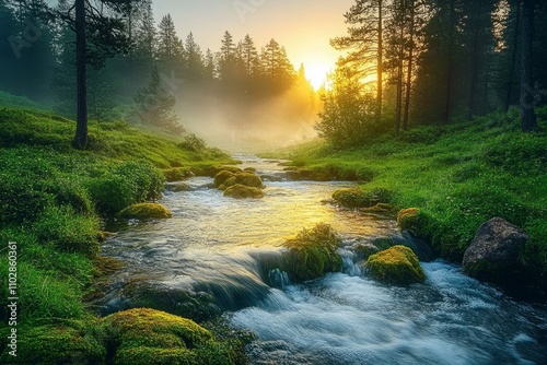 Misty Forest Landscape with Winding Stream at Sunrise