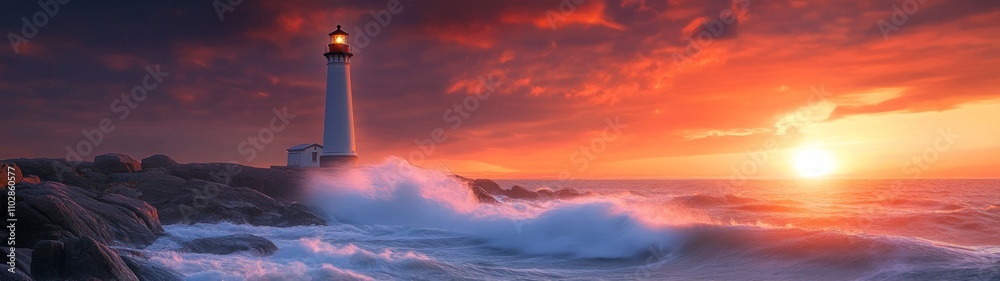 Fototapeta premium Majestic lighthouse on rugged coastline, waves crashing fiercely, vibrant sunset painting the sky in hues of orange and purple, symbolizing resilience against nature's fury.