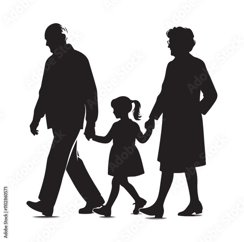 grandparents walking with two granddaughter vector silhouette Illustration