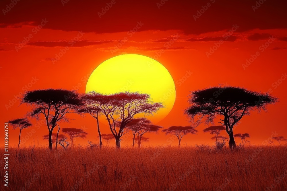 Stunning African Savanna Sunset with Silhouetted Acacia Trees and Vibrant Sky Stunning African Savanna Sunset with Silhouetted Acacia Trees and Vibrant Sky