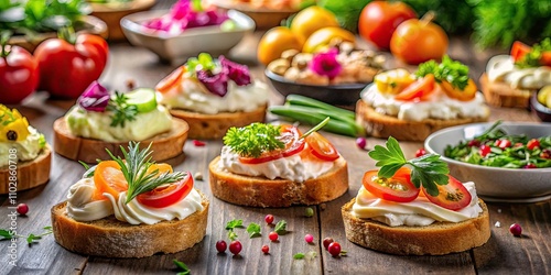 Delightful Mini Toasts with Cream Cheese and Fresh Toppings - Perfect for Appetizers, Brunch, and Parties