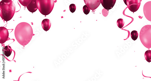 Illustration of pink balloons and confetti on white background with copy space