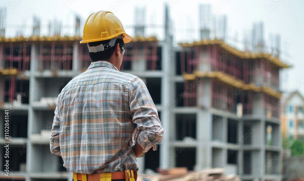 Engineer standing and supervising construction work The background is a building under construction Engineer standing and supervising construction work The background is a building under construction