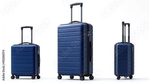 Three navy blue hard shell suitcases, various sizes, isolated on white background.