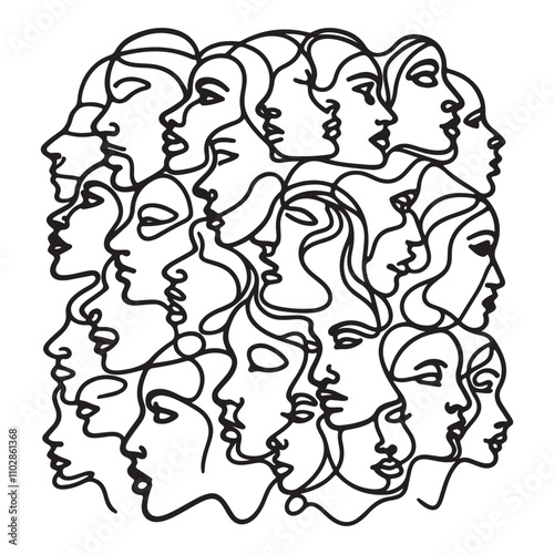 One continuous single drawing black line art doodle of Multiple profiles drawn, each featuring unique facial outlines to represent diversity