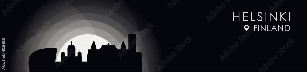 Fototapeta premium Vector Helsinki, Finland cityscape banner. Black and white placard profile picture for header, footer