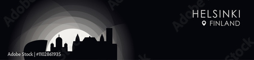 Vector Helsinki, Finland cityscape banner. Black and white placard profile picture for header, footer