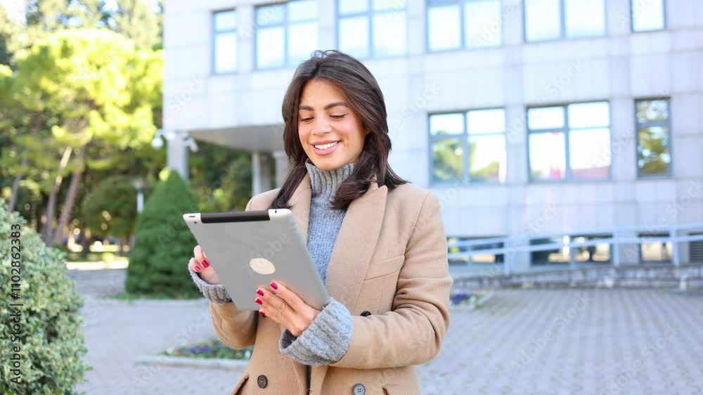 Female entrepreneur managing tasks on her tablet outside her company Female entrepreneur managing tasks on her tablet outside her company