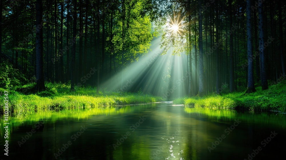 Obraz premium Serene Forest River Sunrise Magical Sunbeams Tranquil Nature Scene