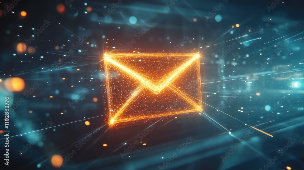 Abstract Digital Mail Icon with Futuristic Neon Lights, Representing Communication and Connectivity in a High-Tech Environment with Data Particles Abstract Digital Mail Icon with Futuristic Neon Lights, Representing Communication and Connectivity in a High-Tech Environment with Data Particles