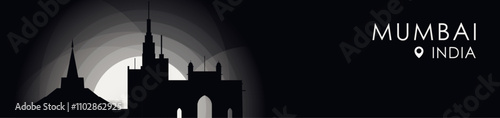 Vector Mumbai, India Maharashtra cityscape banner. Black and white placard profile picture for header, footer