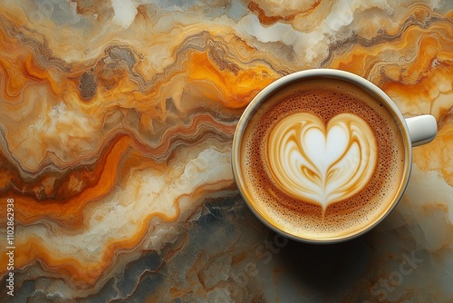 A creamy cappuccino with intricate heart-shaped latte art, placed on a warm marbled background, evokes a romantic vibe and perfect copyspace.






 photo