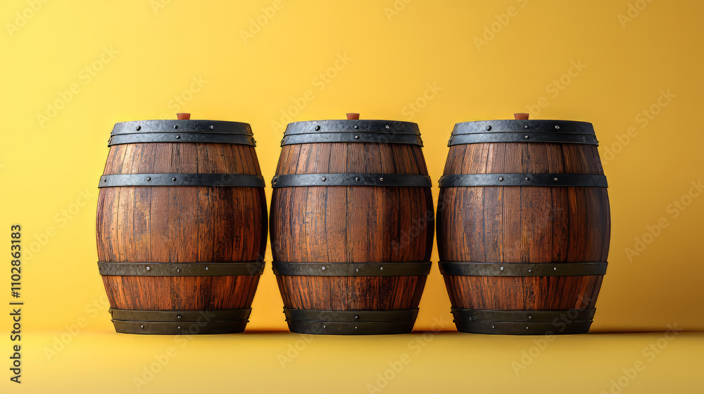 4 upright wine barrels on a yellow studio background. 4 upright wine barrels on a yellow studio background.