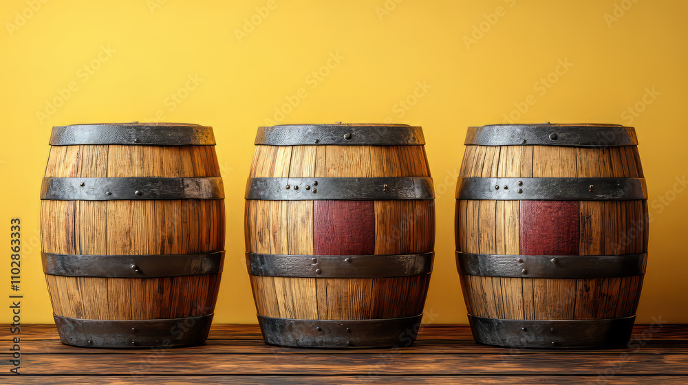 4 upright wine barrels on a yellow studio background. 4 upright wine barrels on a yellow studio background.