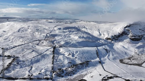 Aerial video of freezing fog on the snowy beautiful and spectacular Rolling hills of the Glens of Antrim Northern Ireland photo