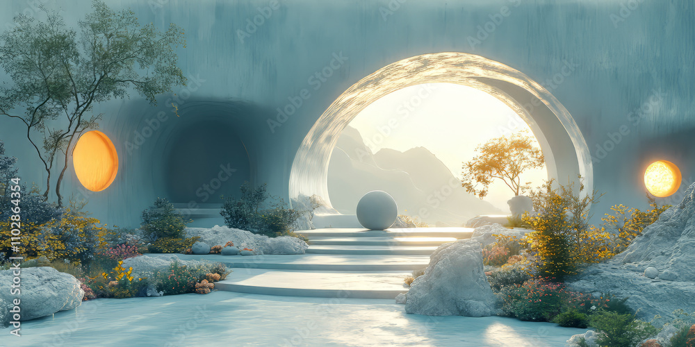 a bright light colored surreal environment with a minimal rounded concrete random curved shapes. a bright light colored surreal environment with a minimal rounded concrete random curved shapes.