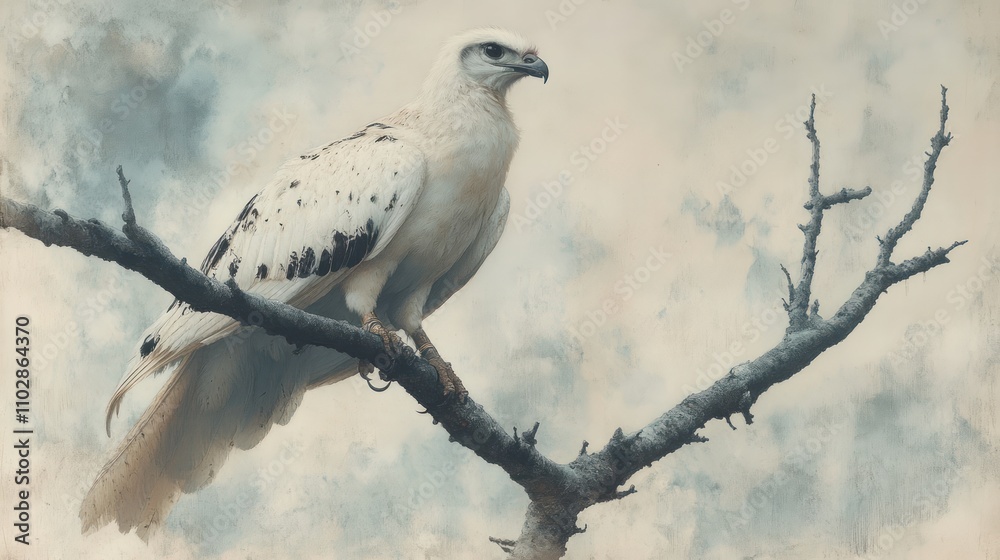 Fototapeta premium Phoenix perched on a branch, with fine line details in its feathers and the tree structure.