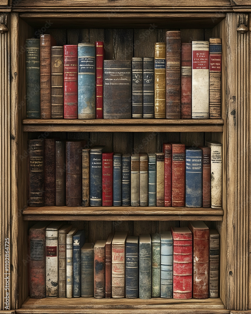 Naklejka premium Antique books lined up on wooden shelves.