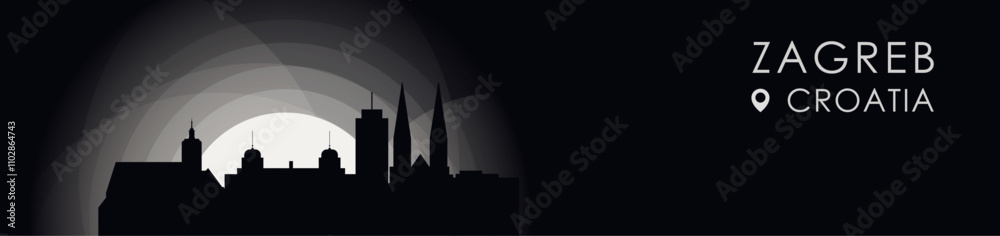 Fototapeta premium Vector Zagreb, Croatia cityscape banner. Black and white placard profile picture for header, footer