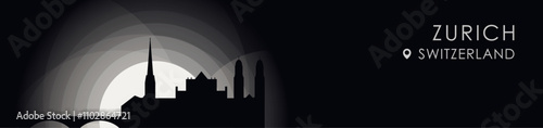 Vector Zurich, Switzerland cityscape banner. Black and white placard profile picture for header, footer
