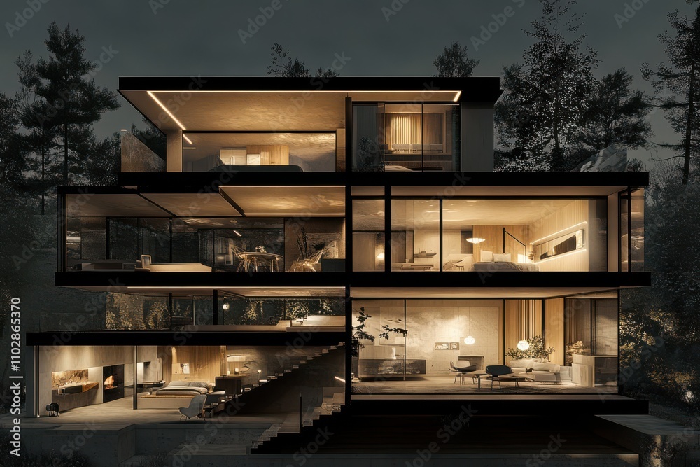 A sleek, modern multi-story house with an open cross-sectional view showcasing illuminated interiors A sleek, modern multi-story house with an open cross-sectional view showcasing illuminated interiors