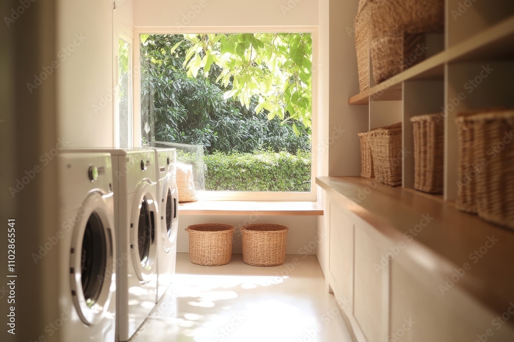 A sleek white washing machine in the center of a bright and minimalist laundry room A sleek white washing machine in the center of a bright and minimalist laundry room