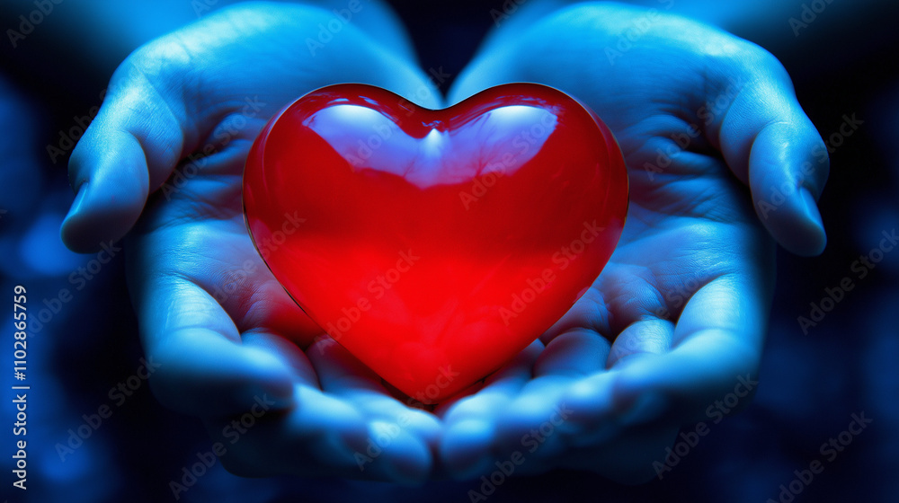 Fototapeta premium A pair of human hands gently cradling a vibrant red heart symbol, representing support for heart disease awareness and the importance of cardiovascular health care.