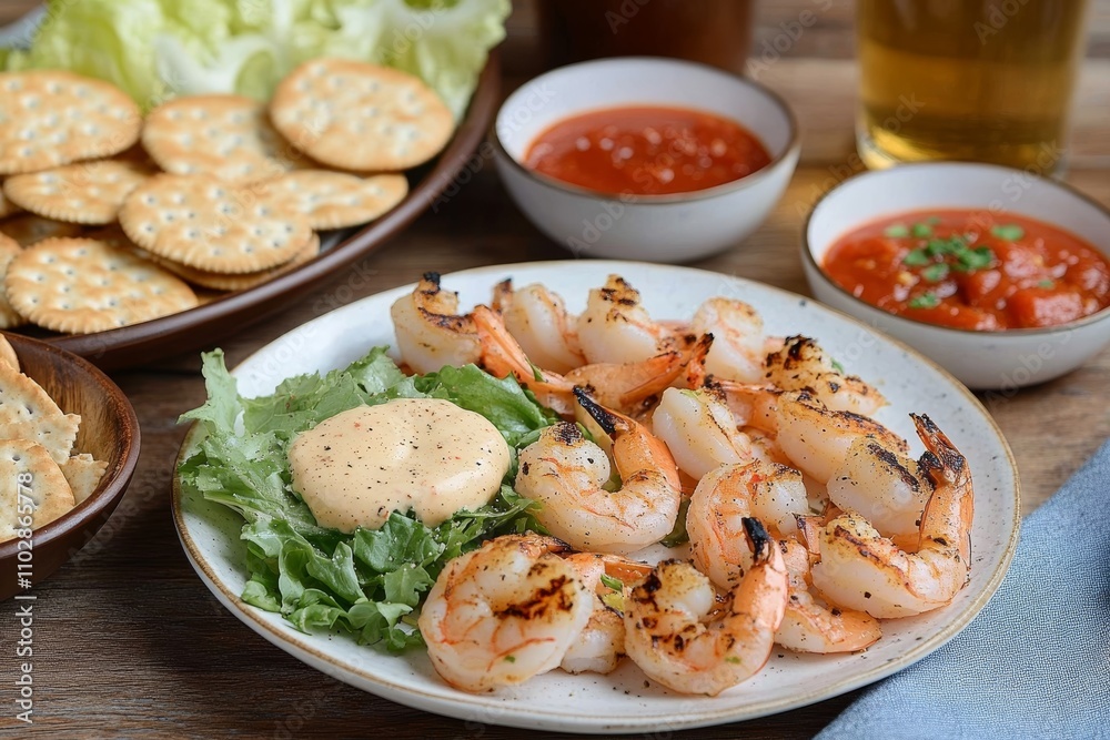 Grilled Shrimp Appetizers with Beer and Fresh Vegetables on Rustic Table Grilled Shrimp Appetizers with Beer and Fresh Vegetables on Rustic Table