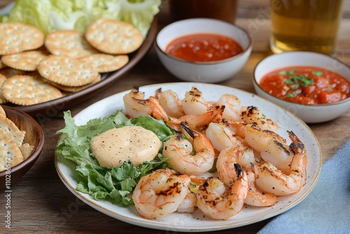 Grilled Shrimp Appetizers with Beer and Fresh Vegetables on Rustic Table