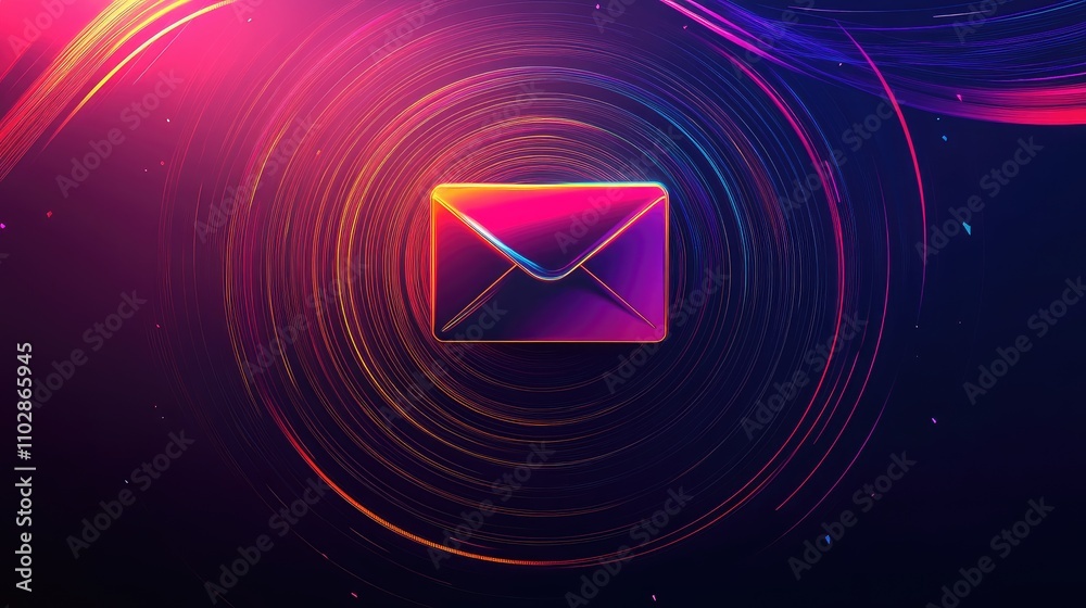 Colorful Neon Envelope Icon on Dark Background with Swirling Light Effects Representing Digital Communication and Email Messaging in a Vibrant, Modern Style Colorful Neon Envelope Icon on Dark Background with Swirling Light Effects Representing Digital Communication and Email Messaging in a Vibrant, Modern Style