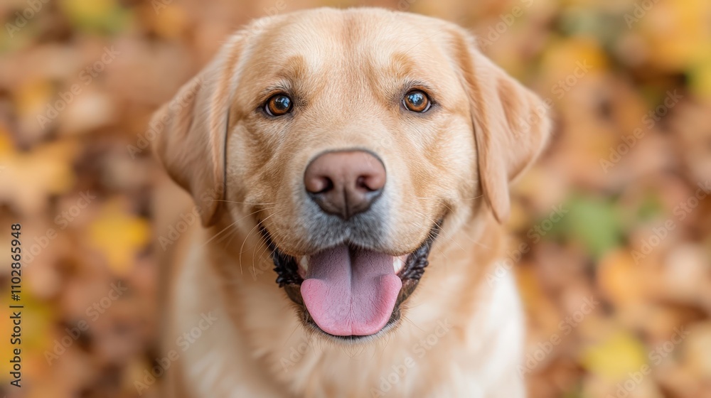 Happy Golden Retriever Dog in Autumn Leaves Park Happy Golden Retriever Dog in Autumn Leaves Park