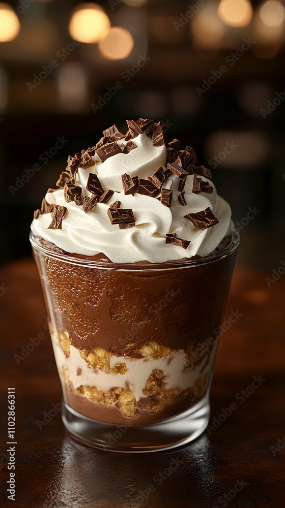 Chocolate dessert in a glass dish with whipped cream and chocolate shavings.