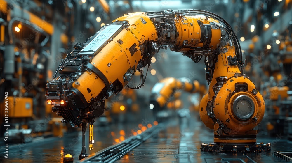 Robotic arms installing turbine blades on wind generators in a hyper-detailed factory environment. Robotic arms installing turbine blades on wind generators in a hyper-detailed factory environment.