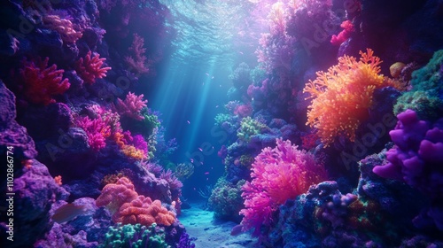 A colorful coral reef with a variety of fish swimming around