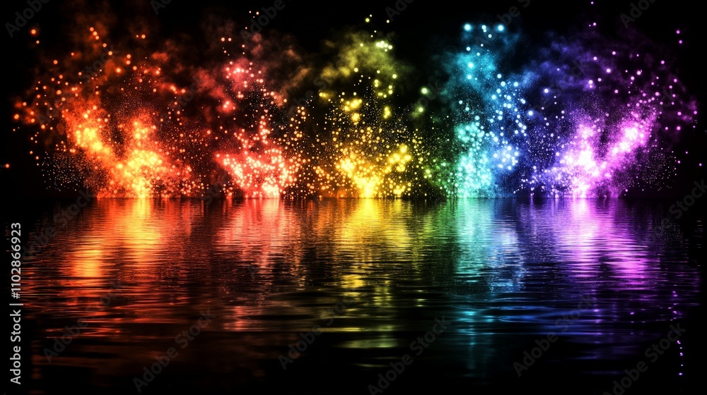 Vibrant Fireworks Over a Reflective Lake, an enchanting celebration scene featuring colorful bursts lighting up the night sky, mirrored beautifully in tranquil waters. Vibrant Fireworks Over a Reflective Lake, an enchanting celebration scene featuring colorful bursts lighting up the night sky, mirrored beautifully in tranquil waters.
