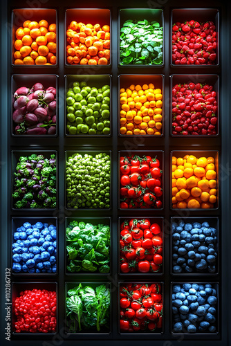 Colorful fruit and vegetable display in a store.