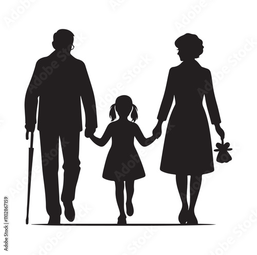 grandparents walking with two granddaughter vector silhouette Illustration